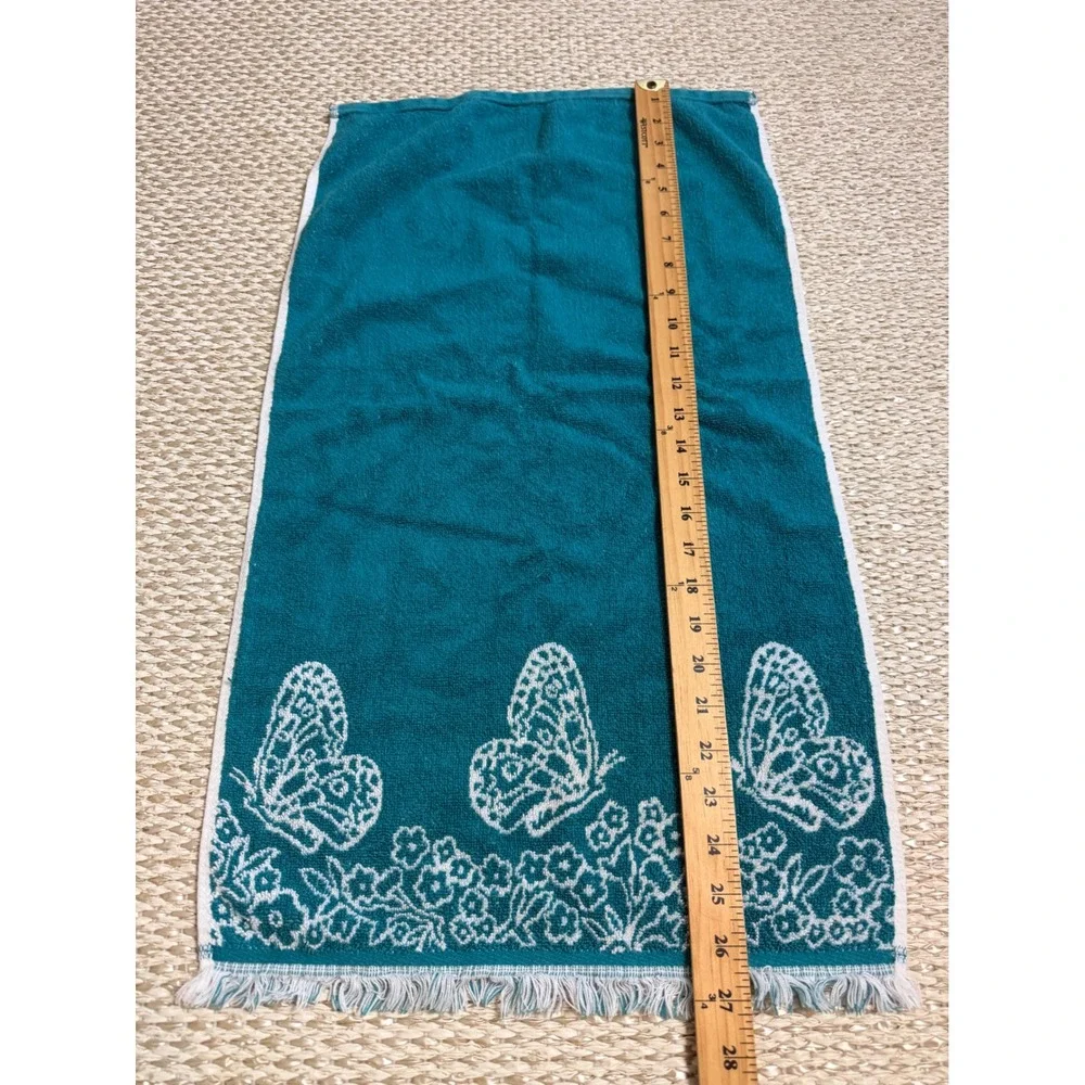 Vintage Teal Blue Butterfly Hand Towel Fringed Floral Cottagecore Retro Bath